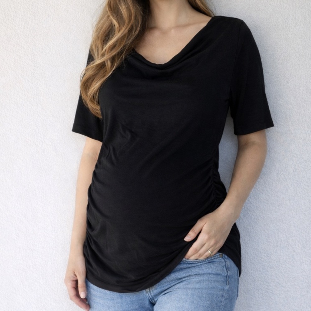 Motherhood Maternity black cowl neck short sleeve fitted top size small